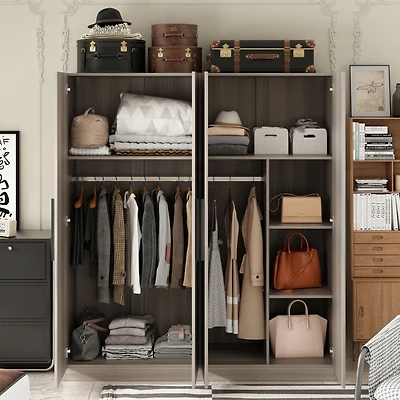 Famapy Grey Wood 4-Door Wardrobe Armoires with Hanging Rod and Storage Shelves