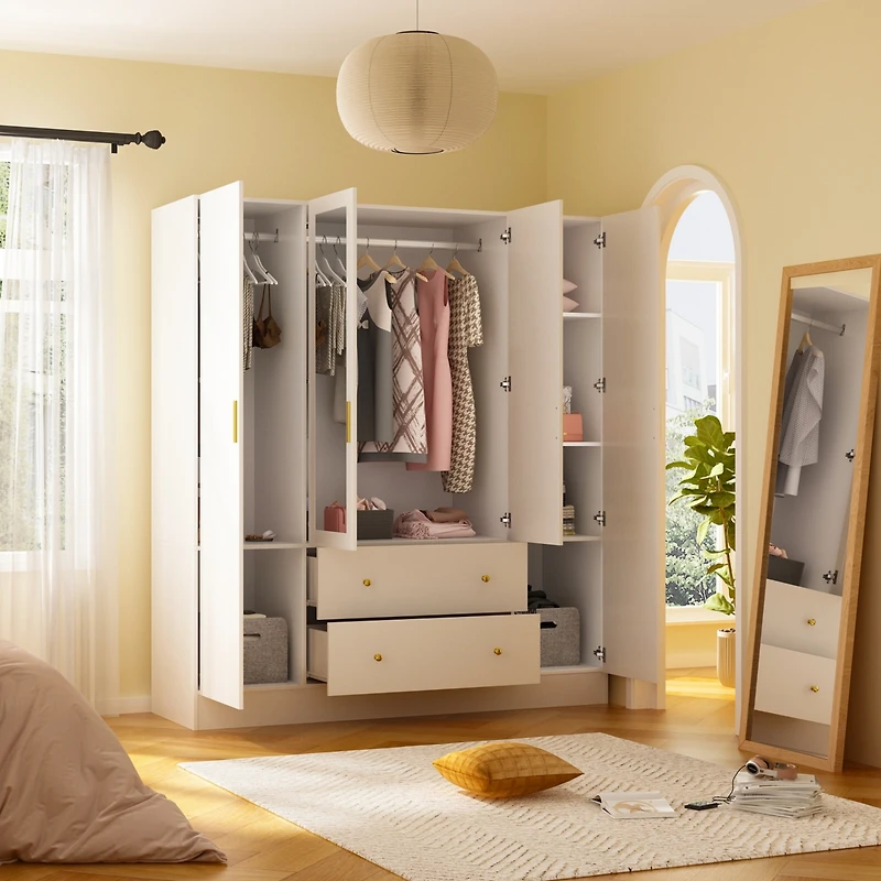 Famapy White 4-Door Armoires with Mirror, 2 Hanging Rods, 2-Drawers