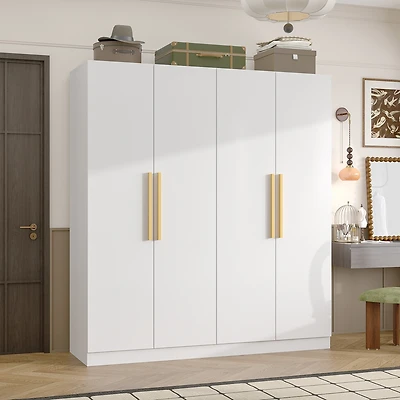 Famapy Grey Wood 4-Door Wardrobe Armoires with Hanging Rod and Storage Shelves