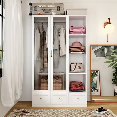 Famapy White Wood Armoires Wardrobe with Hanging Rods, 3-Drawers, Open Shelves