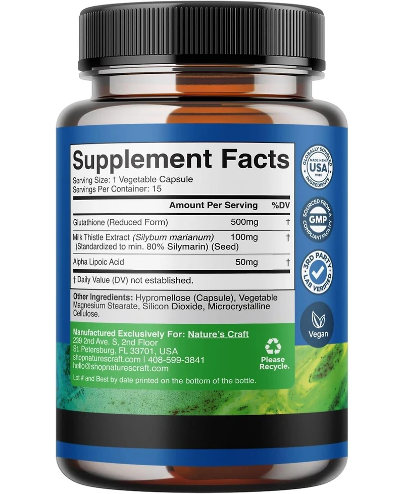 Nature's Craft Glutathione Capsules, Natural Skin Whitening Anti-Aging Benefits Reduced L-Glutathione Pills for Men & Women, Pure Antioxidant, Nature'