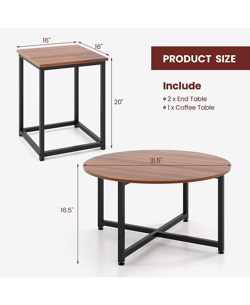 Gymax Round Nesting Table Set of 3 Modern/Farmhouse Coffee w/2 End Tables Walnut & Black