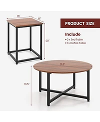 Gymax Round Nesting Table Set of 3 Modern/Farmhouse Coffee w/2 End Tables Walnut & Black