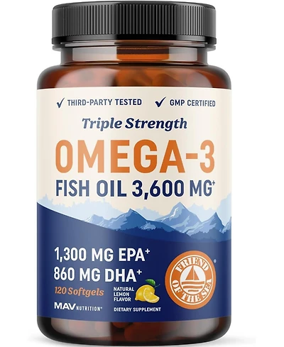 Mav Nutrition Fish Oil Softgels, 3600 mg Epa & Dha, Best Essential Fatty Acids, Premium Burpless Softgel Supplements, Mav Nutrition, 120ct