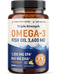 Mav Nutrition Fish Oil Softgels, 3600 mg Epa & Dha, Best Essential Fatty Acids, Premium Burpless Softgel Supplements, Mav Nutrition, 120ct