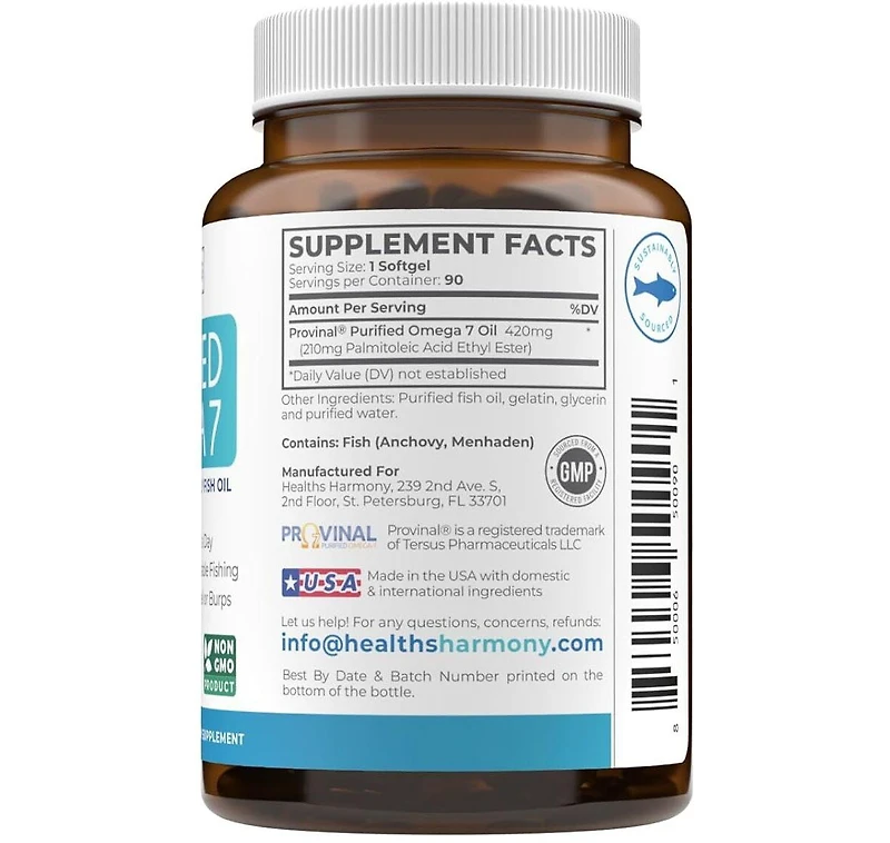 Purified Omega 7 Softgel Capsules, Provinal Sustainable Peruvian Anchovy Fish Oil Supplement, Health's Harmony, 90ct
