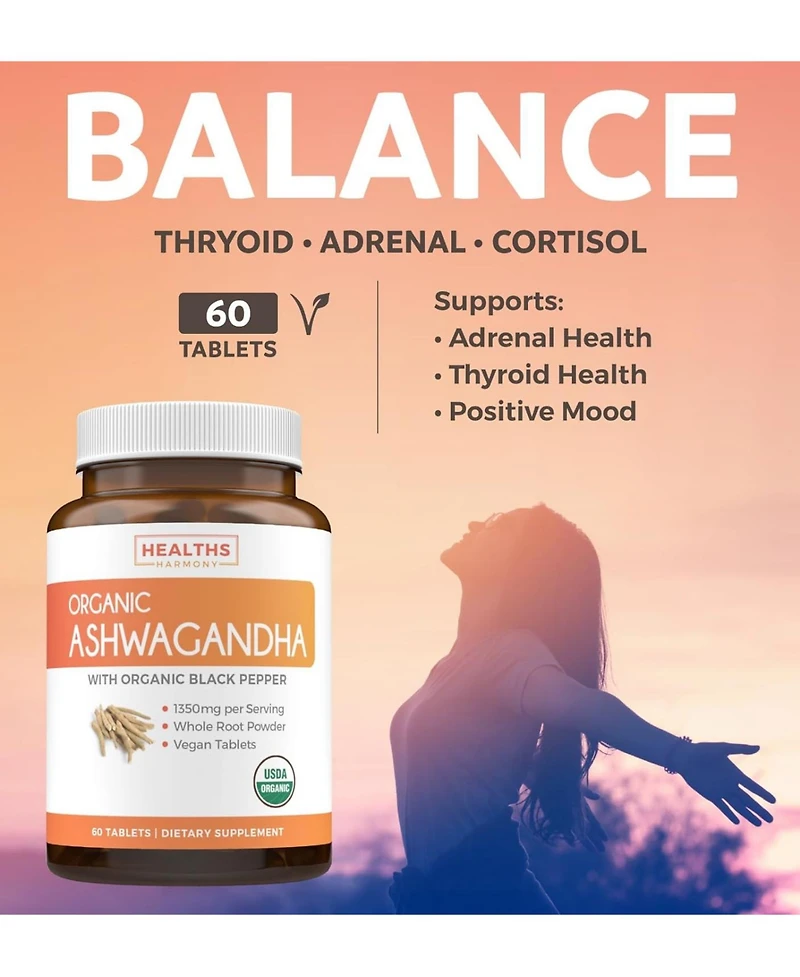 Healths Harmony Usda Organic Ashwagandha Tablets, 1350mg Ashwaganda Root Powder, Natural Adrenal Support, Cortisol, Thyroid & Immune Support, Health's