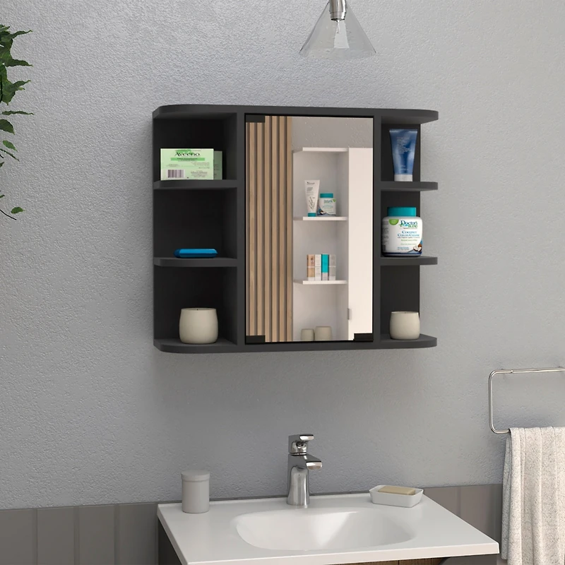 Roma Mirrored Medicine Cabinet, Six External Shelves, Three Interior Shelves, Black