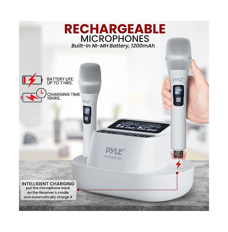 Pyle Uhf Wireless Microphone System, 2 Usb Rechargeable Handheld Mics, Fixed Frequency