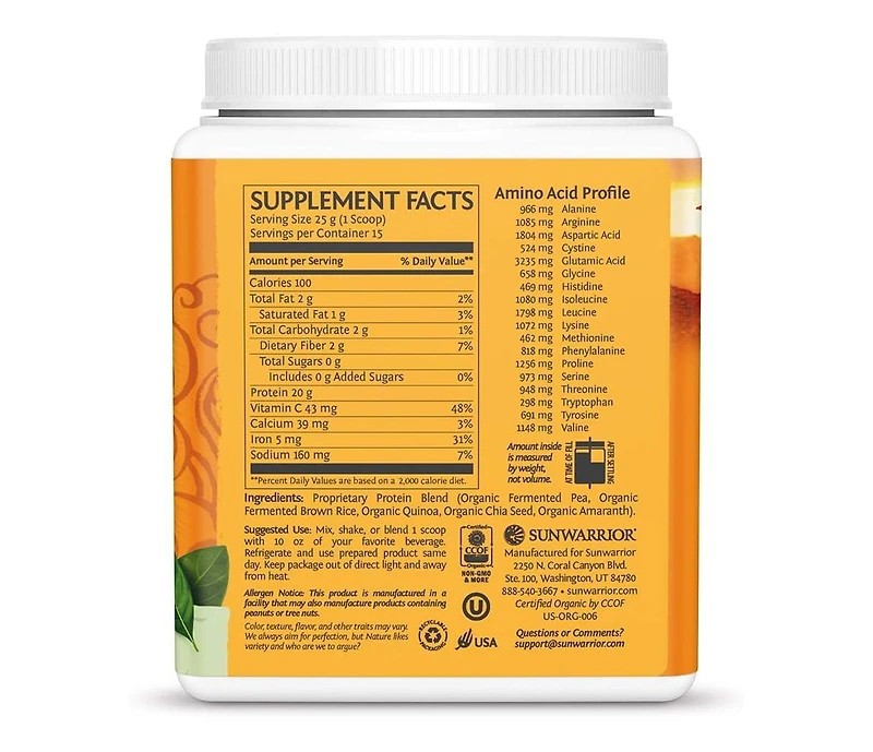Classic Plus Protein Powder, Plant-Based Protein, Unflavored, Sunwarrior, 375gm (15 Servings)