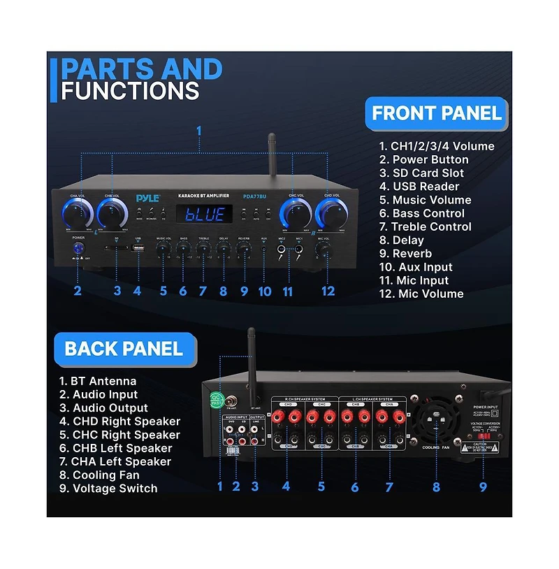Pyle Wireless Bluetooth Streaming Stereo Amplifier Receiver With Fm Radio, MP3/Usb/Sd/Aux Playback, 800 Watt