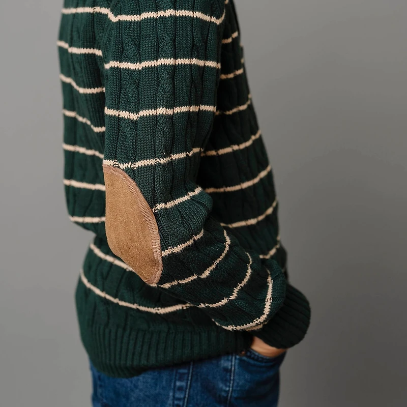 Hope & Henry Boys Organic Long Sleeve Cable Henley Pullover Sweater with Elbow Patches