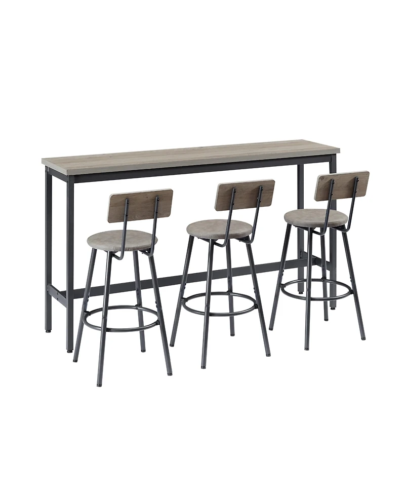 Long Bar Table Set with 3 Pu Leather Upholstered Stools for Stylish Dining