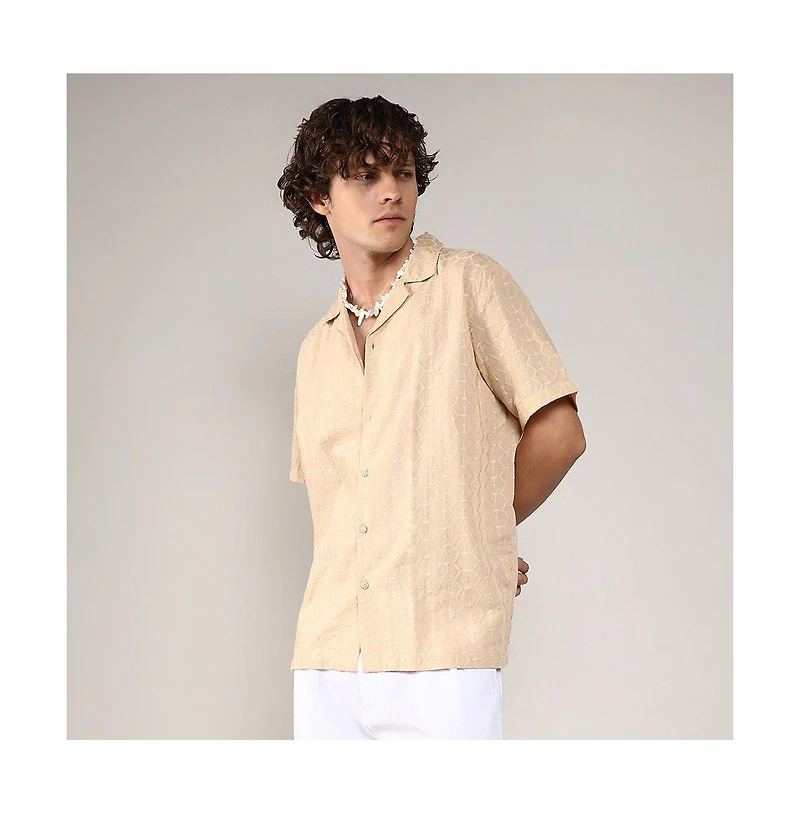 Men's Beige Embroidered Geometric Shirt