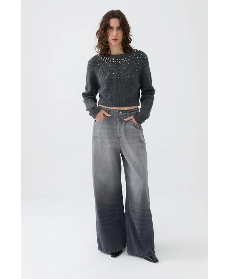 Nocturne Women's Stone Embellished Crop Sweater