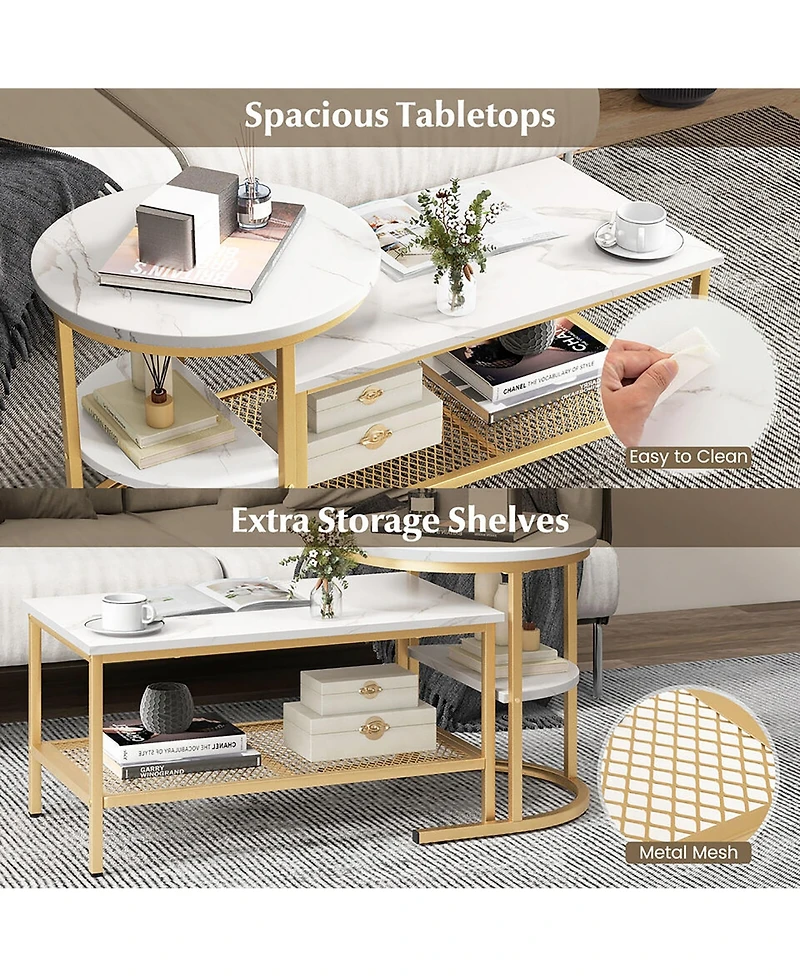 Gymax Nesting Coffee Table Set of 2 Faux Marble Top Detachable w/ Storage Shelf Gold