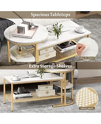 Gymax Nesting Coffee Table Set of 2 Faux Marble Top Detachable w/ Storage Shelf Gold