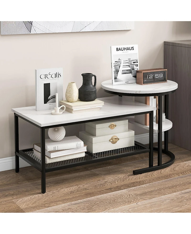 Gymax Nesting Coffee Table Set of 2 Faux Marble Top Detachable w/ Storage Shelf Gold