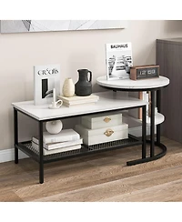 Gymax Nesting Coffee Table Set of 2 Faux Marble Top Detachable w/ Storage Shelf Gold