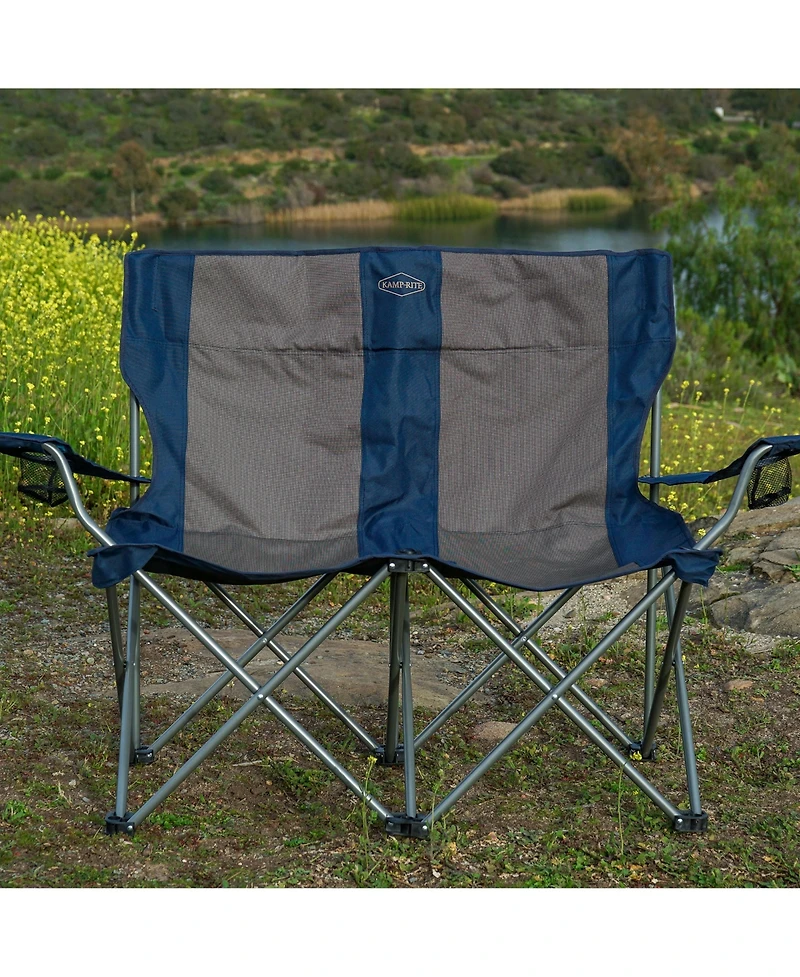 Kamp-Rite Portable Folding Outdoor Double Camping Lawn Beach Chair, Navy/Tan