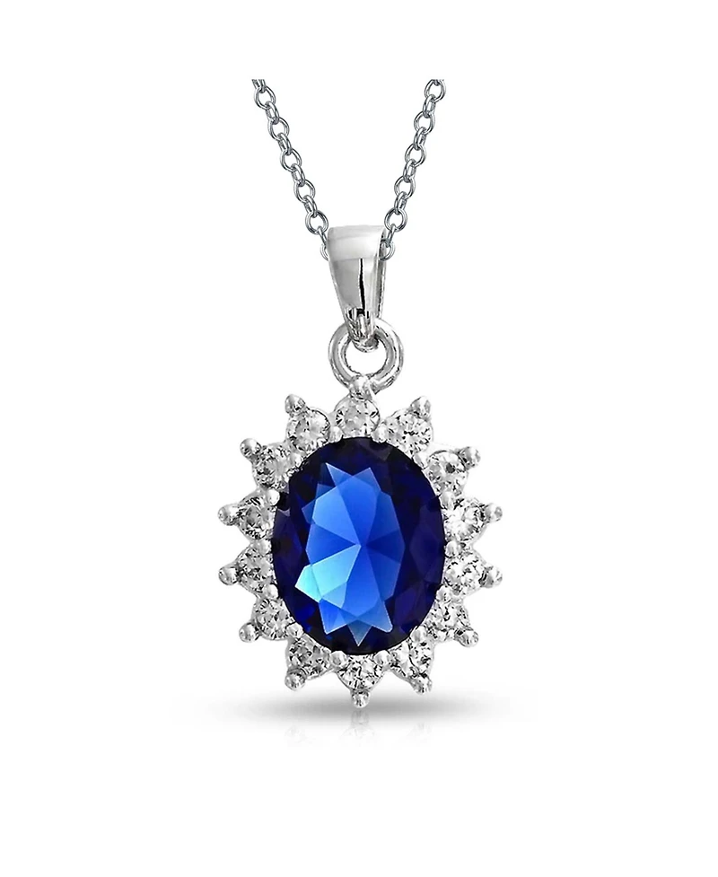 Bling Jewelry Style Royal Blue Oval Halo Crown Pendant Necklace .925 Sterling Silver