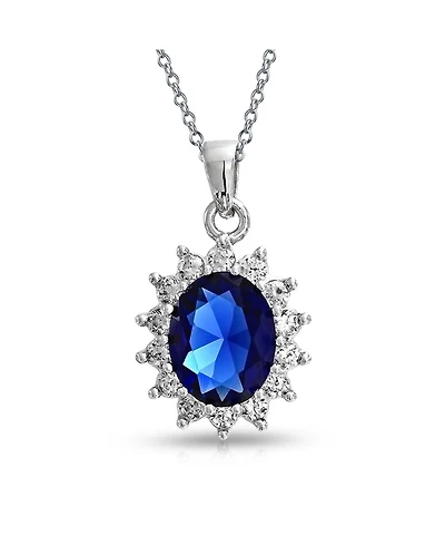 Bling Jewelry Style Royal Blue Oval Halo Crown Pendant Necklace .925 Sterling Silver