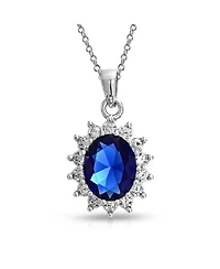 Bling Jewelry Style Royal Blue Oval Halo Crown Pendant Necklace .925 Sterling Silver
