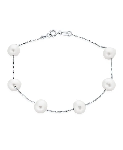 Bling Jewelry Tin Cup White Freshwater Cultured 7MM Pearl Chain Station Pearls Bracelet .925 Sterling Silver