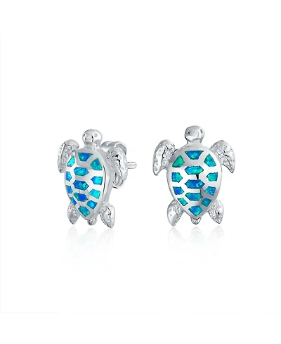 Bling Jewelry Nautical Beach Vacation Iridescent Created Opal Inlay Sea Tortoise Turtle Stud Earrings Sterling Silver 13MM