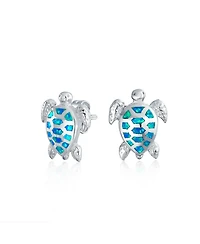 Bling Jewelry Nautical Beach Vacation Iridescent Created Opal Inlay Sea Tortoise Turtle Stud Earrings Sterling Silver 13MM