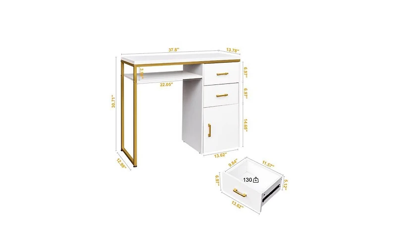 Slickblue Fch White Iron Pipe Computer Desk with 2 Drawers and 1 Door, Versatile for Multiple Scenes