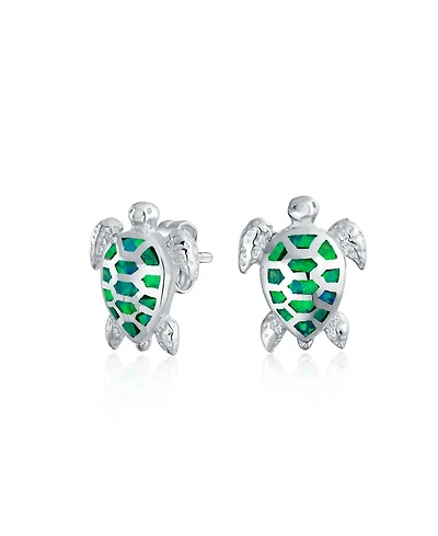 Bling Jewelry Nautical Beach Vacation Iridescent Created Opal Inlay Sea Tortoise Turtle Stud Earrings Sterling Silver 13MM