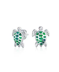 Bling Jewelry Nautical Beach Vacation Iridescent Created Opal Inlay Sea Tortoise Turtle Stud Earrings Sterling Silver 13MM
