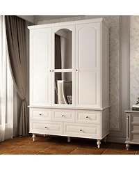 Famapy Brown Paint Big Wardrobe Armoires With Mirror,Drawers,Shelves