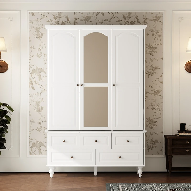 Famapy Brown Paint Big Wardrobe Armoires With Mirror,Drawers,Shelves