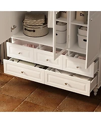 Famapy Brown Paint Big Wardrobe Armoires With Mirror,Drawers,Shelves