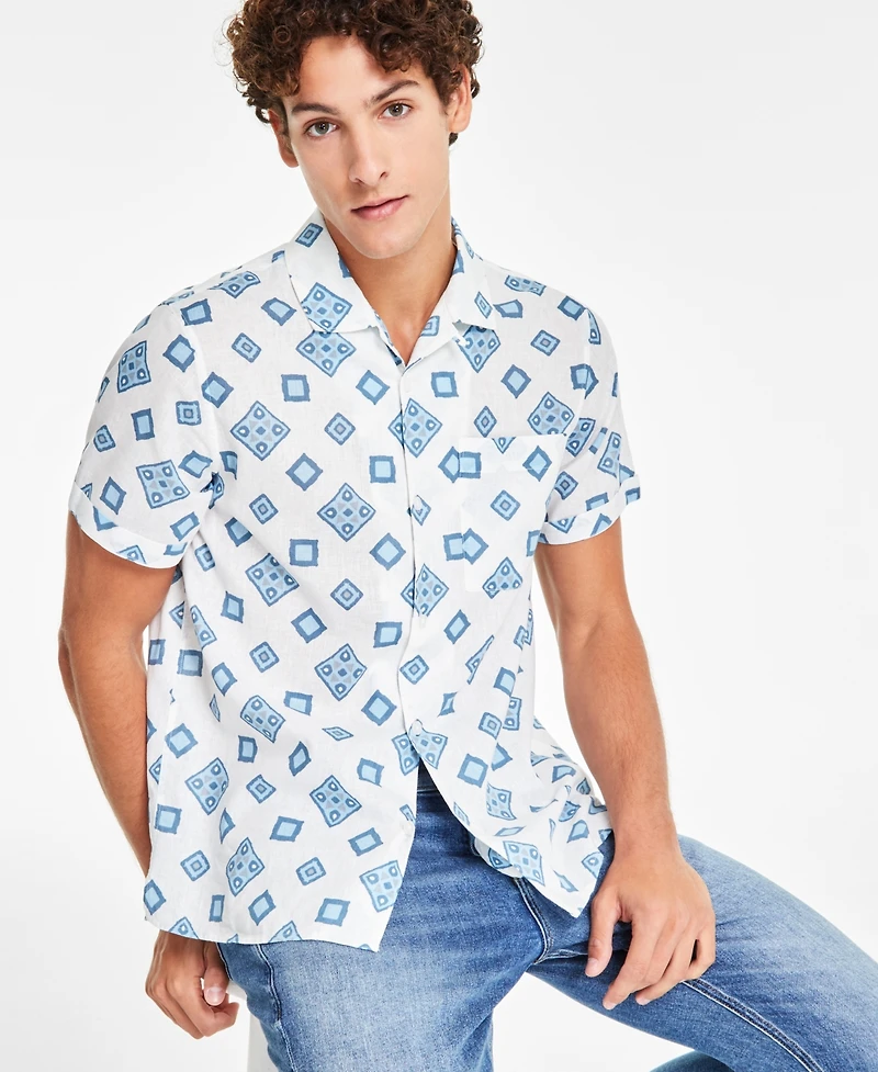 Sun + Stone Men's Leblanc Regular-Fit Geo-Print Button-Down Linen Blend Camp Shirt, Created for Macy's