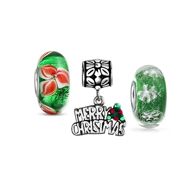 Bling Jewelry Set Of 3 Word Merry Christmas Snowflake Hearts .925 Sterling Silver Charm Bead Bundle Fits European Bracelet