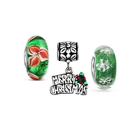 Bling Jewelry Set Of 3 Word Merry Christmas Snowflake Hearts .925 Sterling Silver Charm Bead Bundle Fits European Bracelet