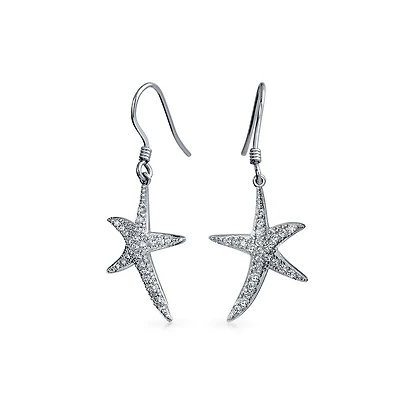 Bling Jewelry Nautical Ocean Tropical Beach Cubic Zirconia Pave Cz Starfish Drop Dangle Earrings .925 Sterling Silver Fish Hook
