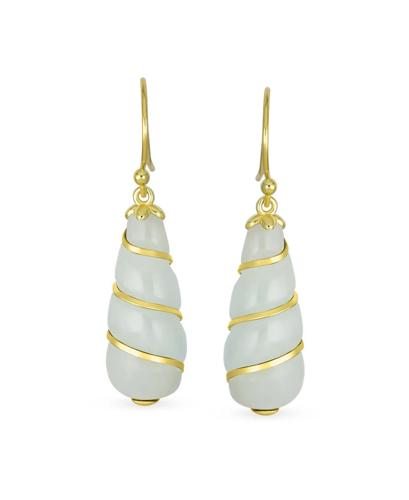 Bling Jewelry Classic Elegant Long Chandelier Natural Dark Green Jade Teardrop Dangle Earrings 14K Yellow Gold Overlay Twisting Swirl Accent .925 Ster