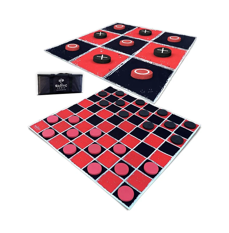 2-in-1 Vintage Giant Checkers and Tic Tac Toe Game With Mat (4 ft. x 4 ft.) - 100% Machine-Washable Canvas - Giant Games