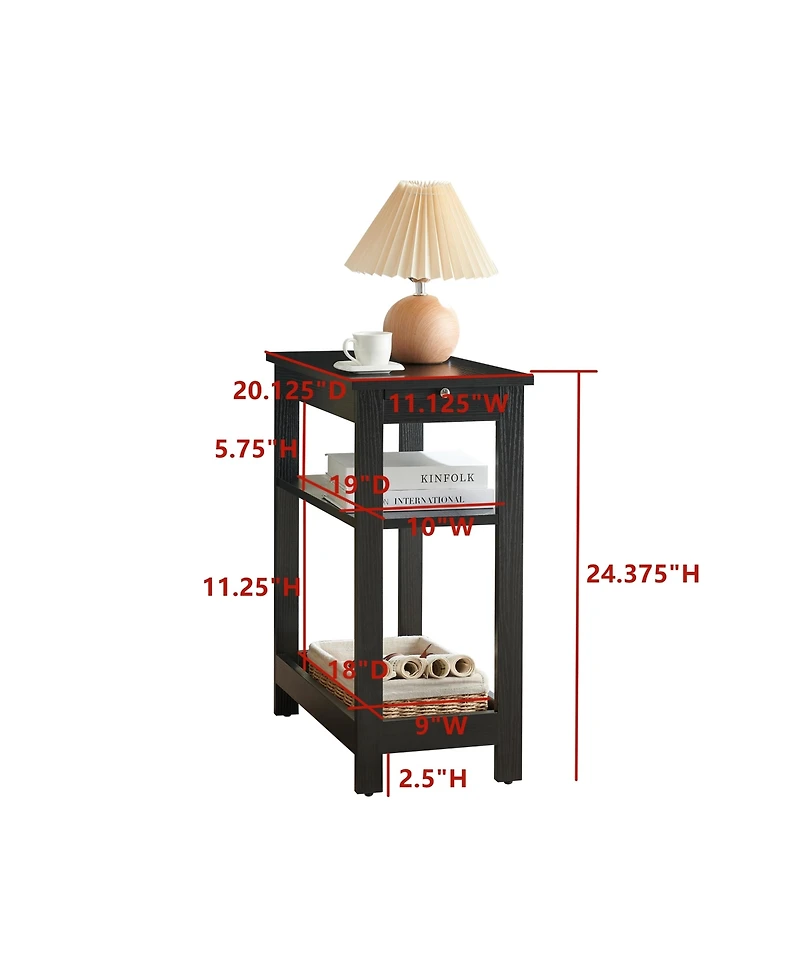 Kings Brand Furniture Slim Wood Side End Table with Storage Shelves & Pull-Out Tray, Nightstand for Bedroom, Living Room