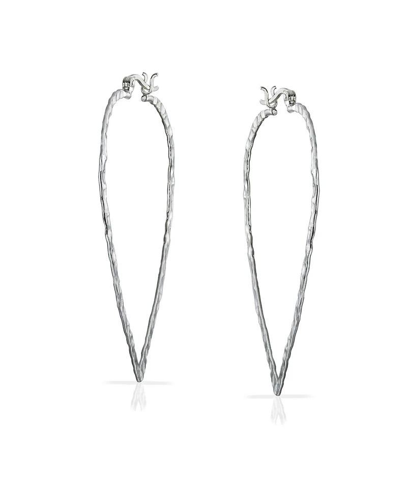 Bling Jewelry Boho Triangle Leaf Shaped Flat Large Open Teardrop .925 Sterling Silver Hammered Hoop Earrings Western Jewelry 2.25 Inch