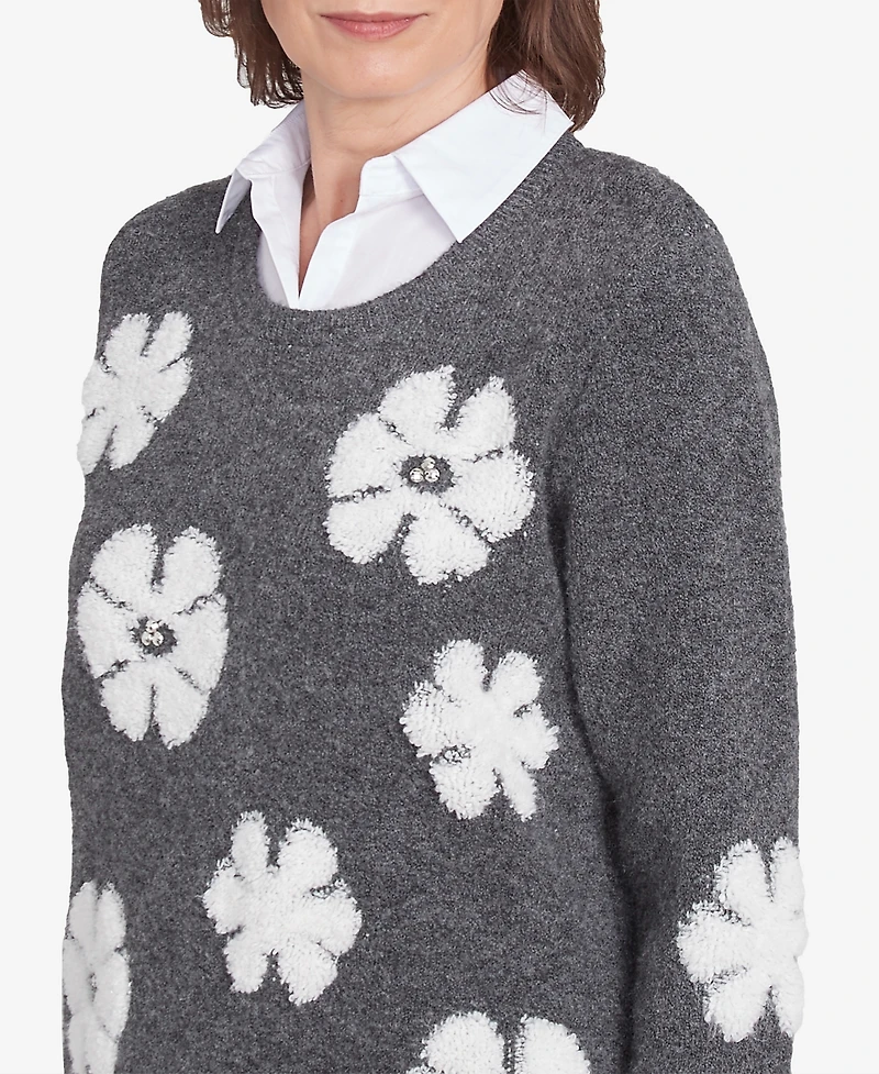 Alfred Dunner Women's Copenhagen Floral Collared Two in One Sweater