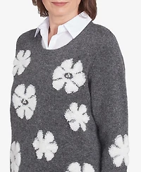 Alfred Dunner Women's Copenhagen Floral Collared Two in One Sweater