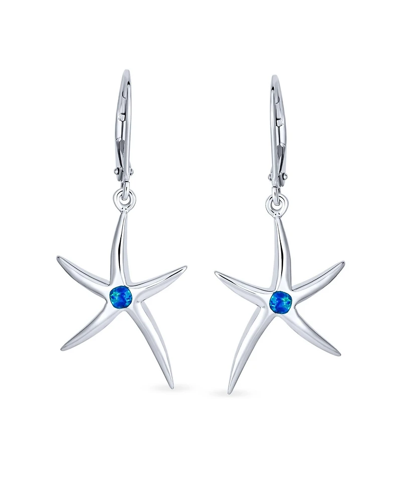 Bling Jewelry Blue Created Opal Accent Nautical Ocean Marine Life Starfish Drop Lever back Earrings .925 Sterling Silver