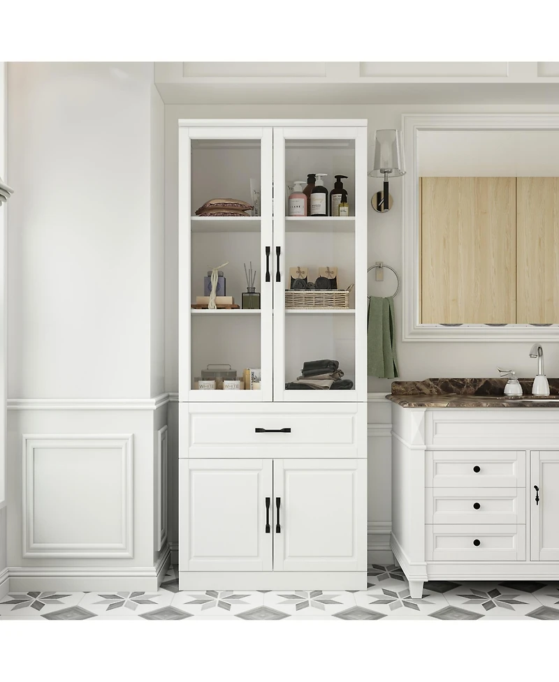 Famapy 4-Shelf White Wood Standard Bookcase With Doors, Cabinet, Drawer