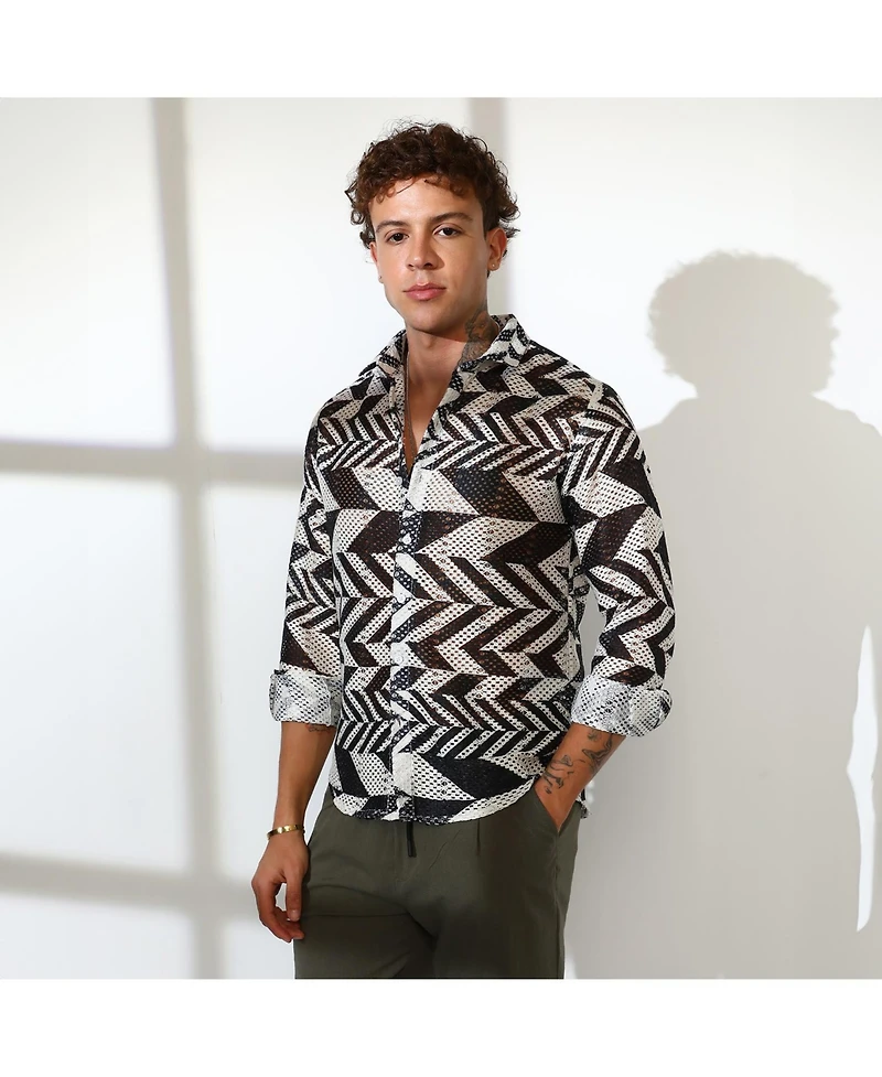 Campus Sutra Men's Taupe Brown & Cream White Chevron-Knit Shirt