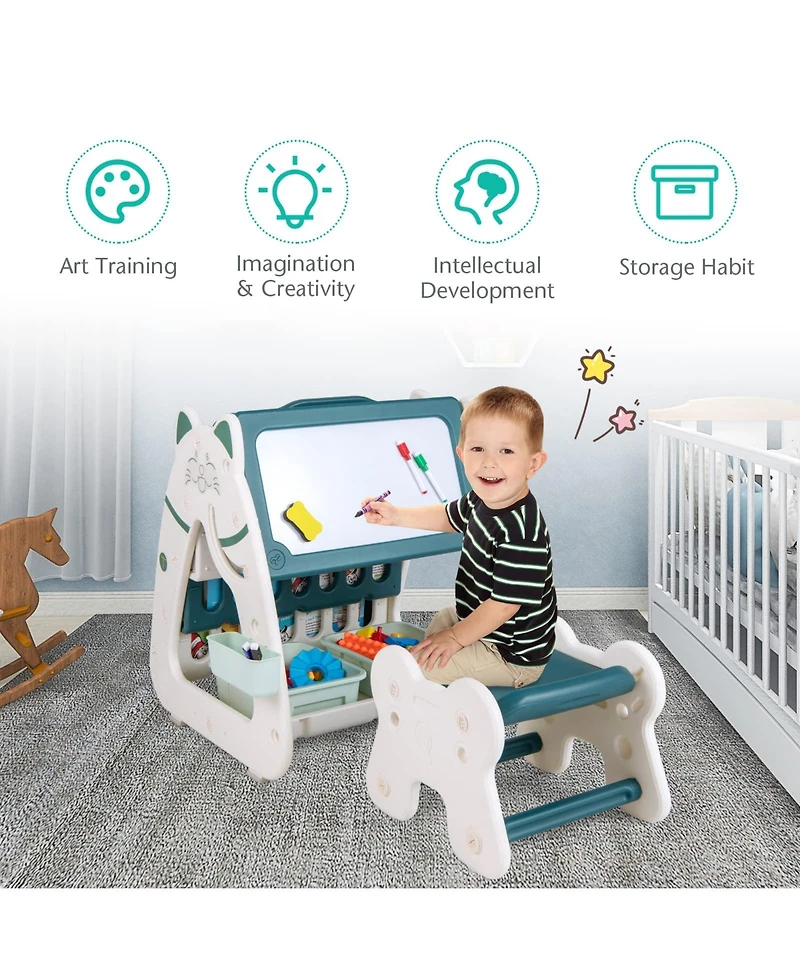 Givimo 3-In-1 Double Sided Magnetic Dry-Erase Board with Stool and Flipped Writing Desktop